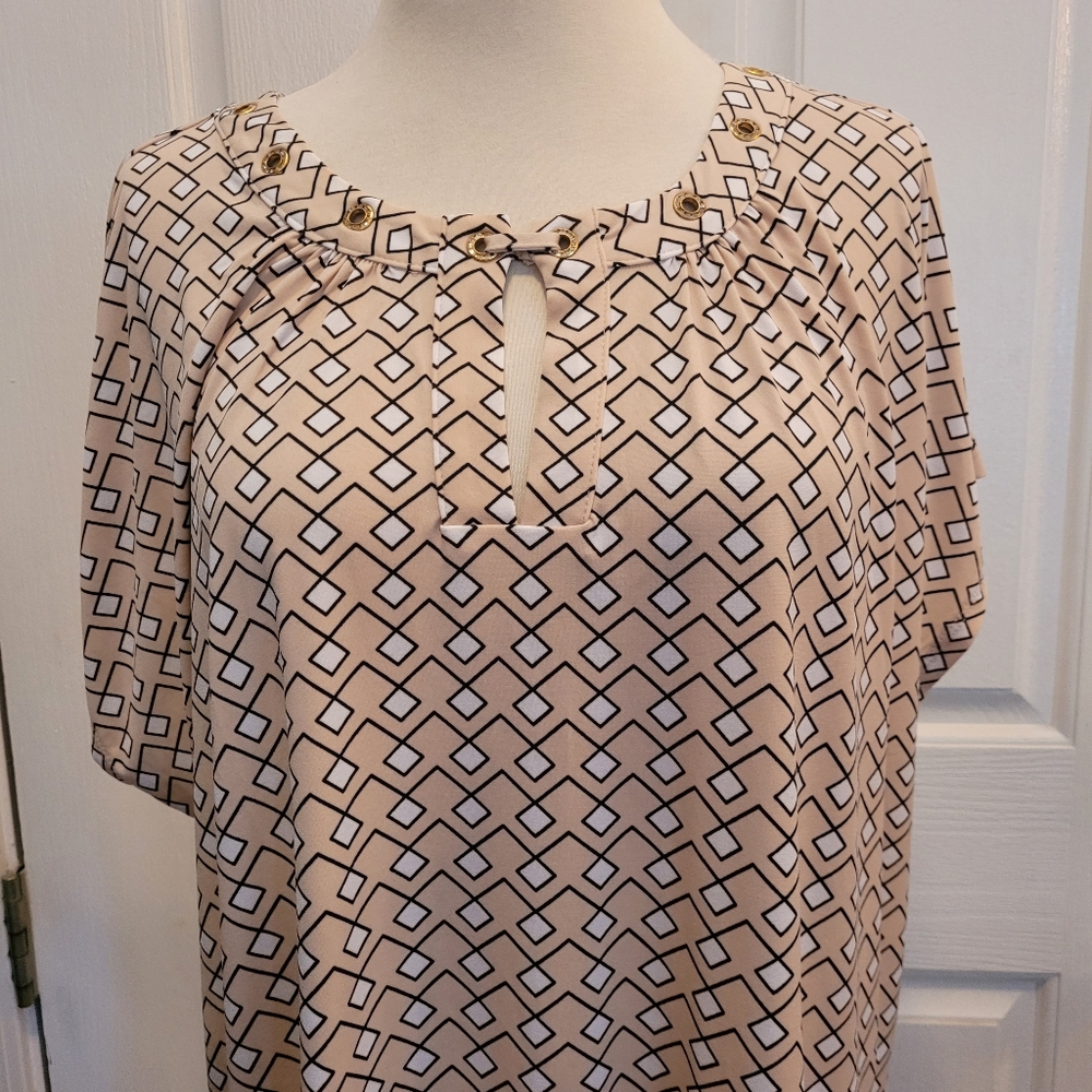Career Blouse Top Pink Black Geometric Print Size 1X Contemporary Office